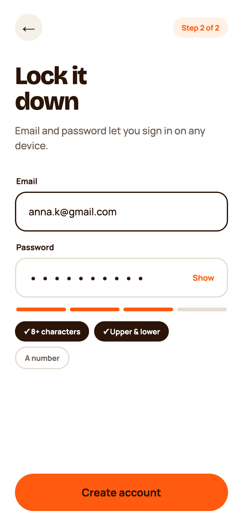 Email and password screen with password strength indicator
