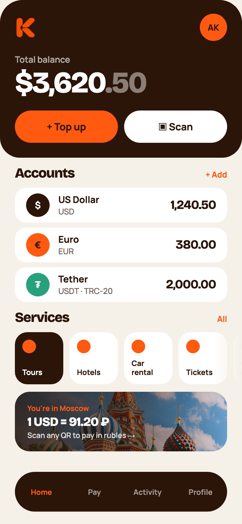 Home screen with total balance, Top up and Scan buttons, USD, EUR and USDT accounts