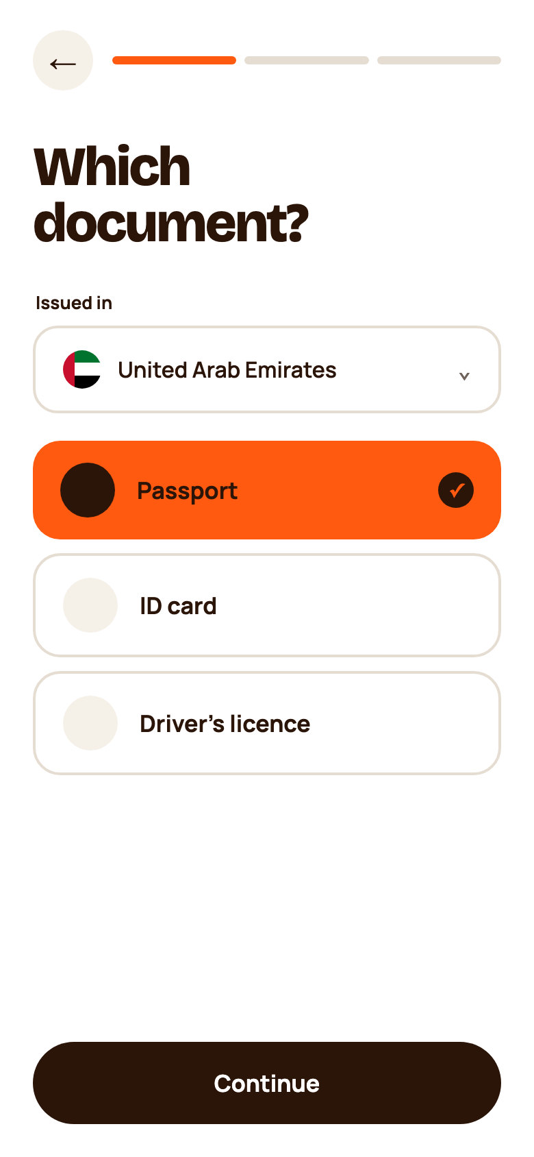 Document selection screen with country dropdown and passport, ID card and driver's licence options
