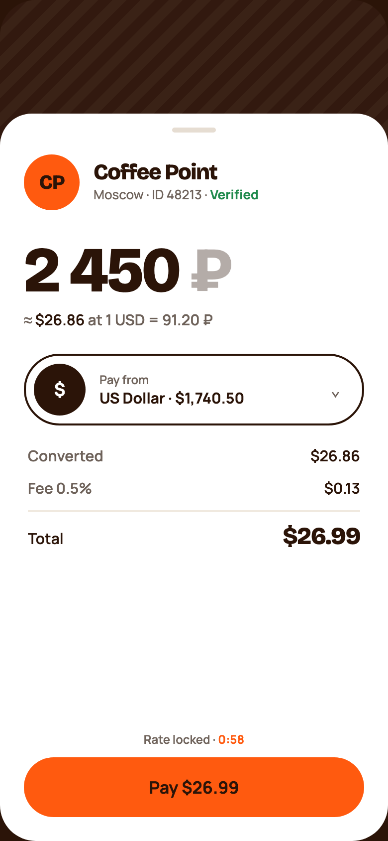 Payment details screen showing 2 450 rubles, the rate, the fee and a Pay button
