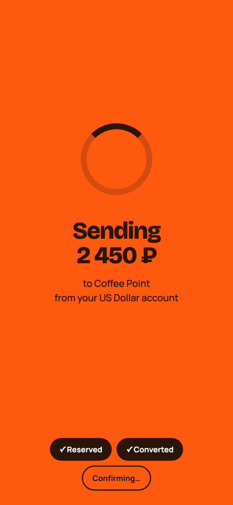 Processing screen saying Sending 2 450 rubles to Coffee Point