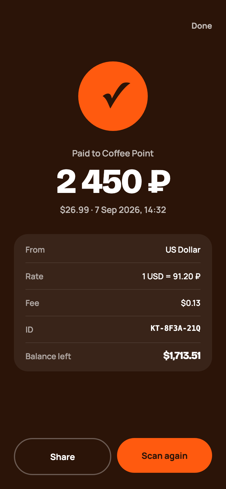 Receipt screen with amount, rate, fee, payment ID and balance left