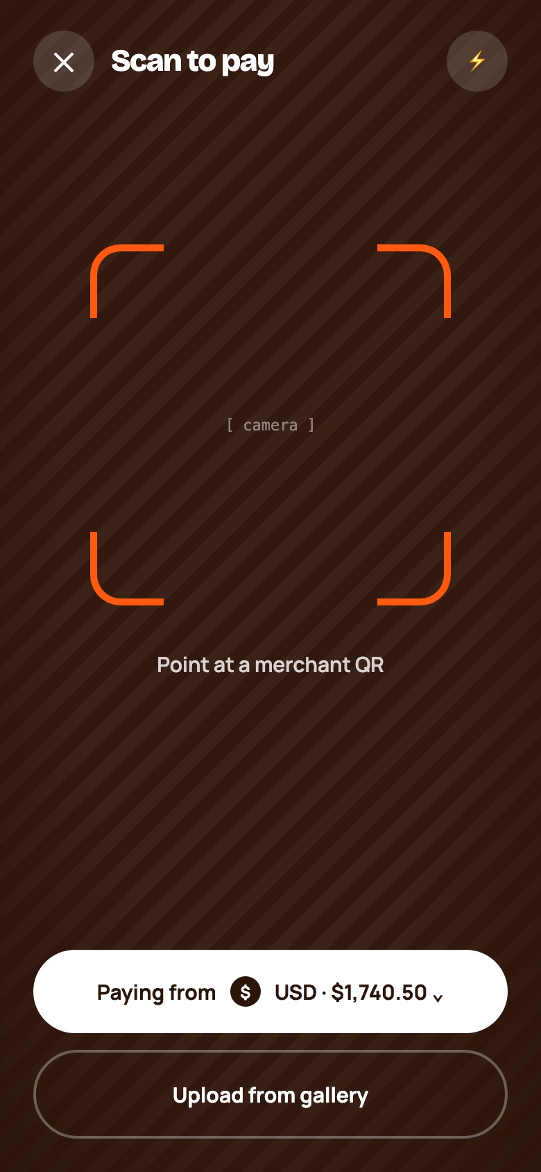 Scanner screen with a camera frame and Paying from selector
