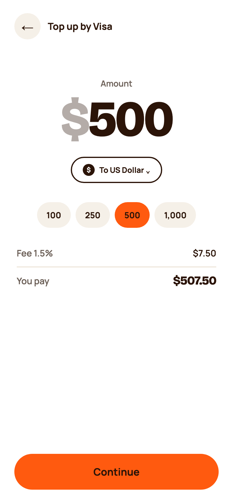 Amount screen with $500 selected and fee of $7.50 shown