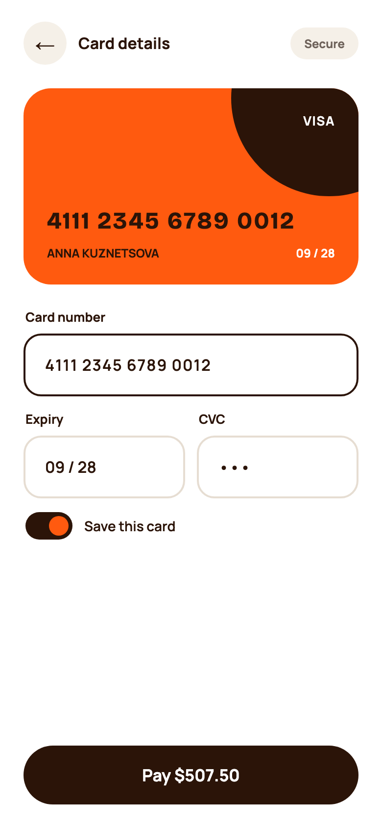 Card details screen with card number, expiry and CVC fields