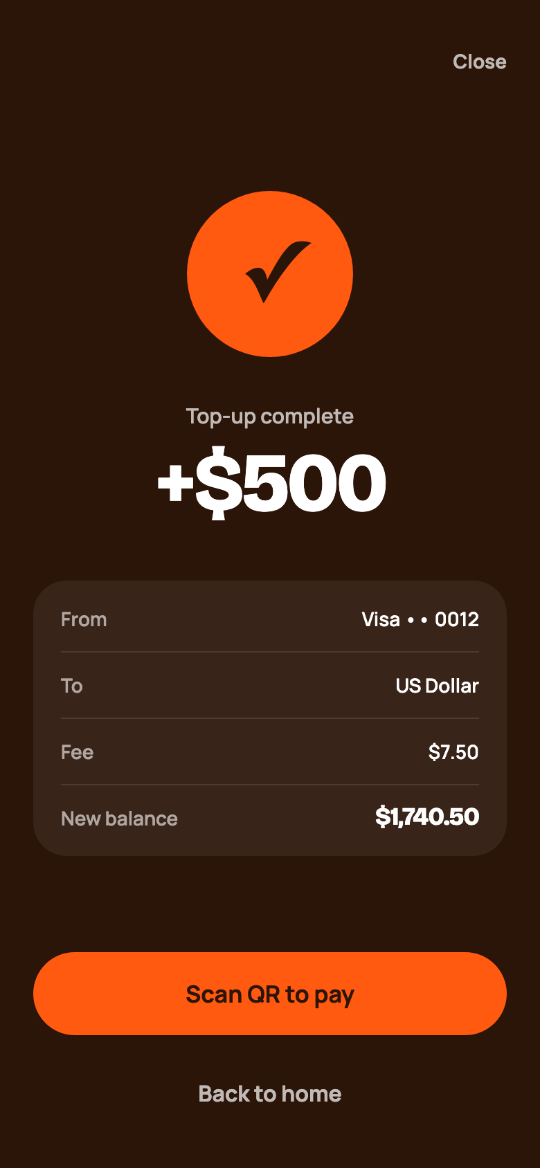 Success screen showing +$500 and the new balance