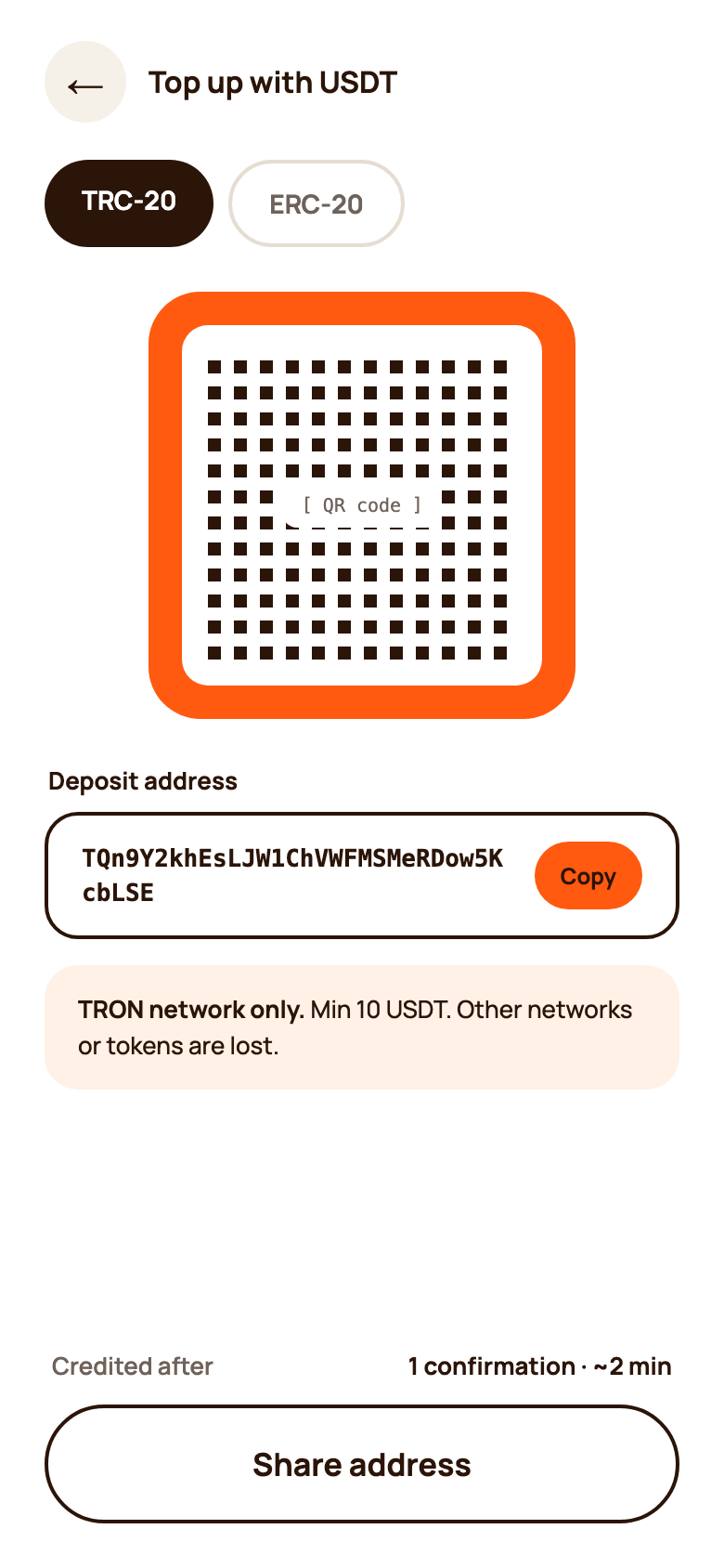 USDT deposit screen with a QR code and a TRC-20 address