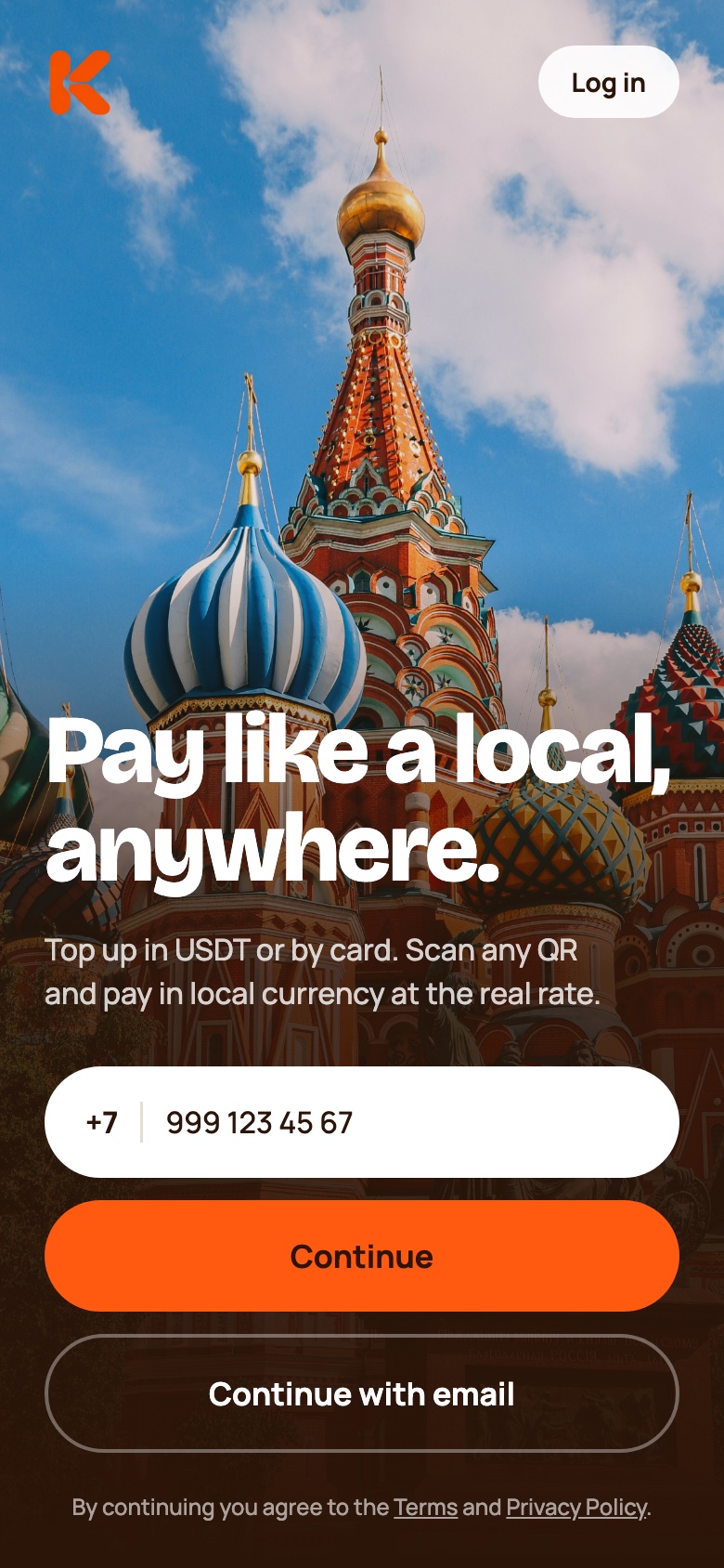 Kultura welcome screen with a phone number field and a Continue button